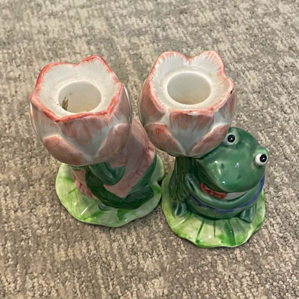 Mary Ann Baker Frog Figural Glazed Ceramic Taper Candle Holders Pair